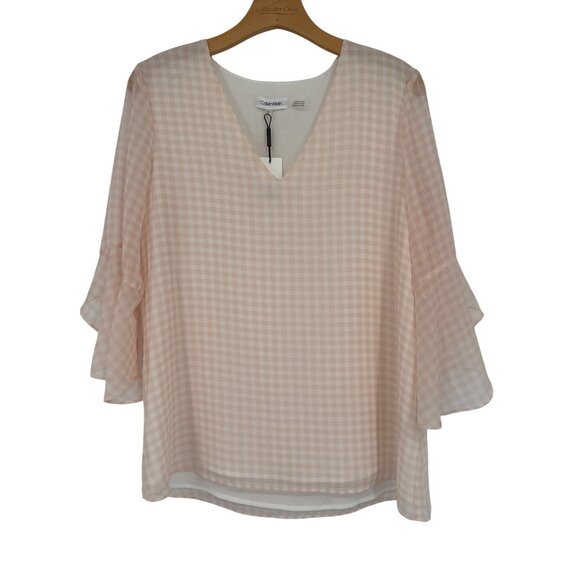 Calvin Klein Womens Bell Sleeve Blouse peach Gingham V-Neck size medium new $79 - Picture 1 of 5